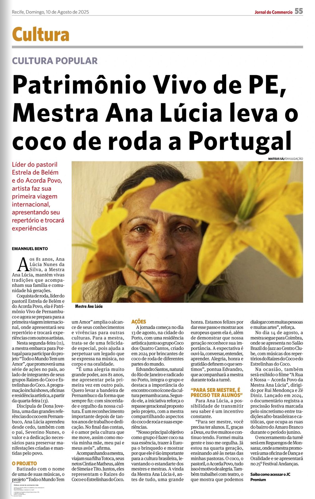Matéria do Jornal do Commercio sobre Mestra Ana Lúcia levando o coco de roda a Portugal